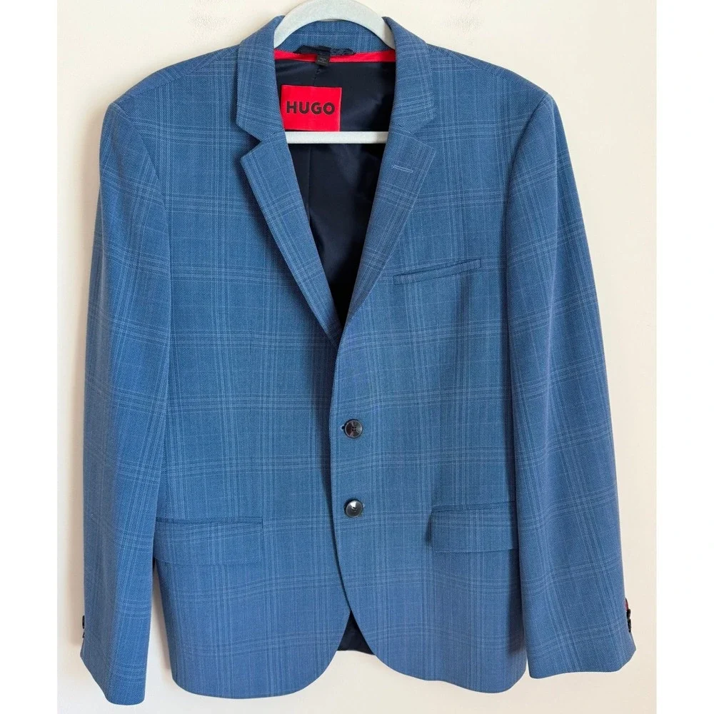 HUGO Blazer Mens 40S Blue Glen Plaid Virgin Wool Blend Two Button Jacket
